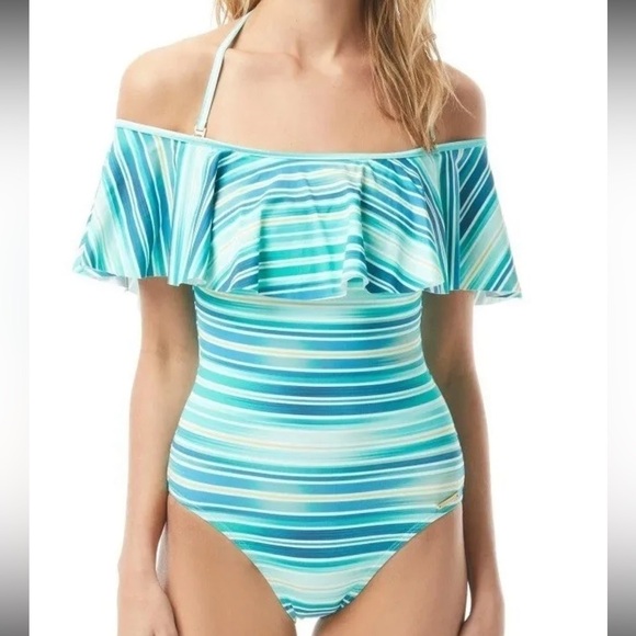 Vince Camuto AZURE Printed Ruffled Off-the-Shoulder One-Piece Swimsuit - Picture 1 of 4